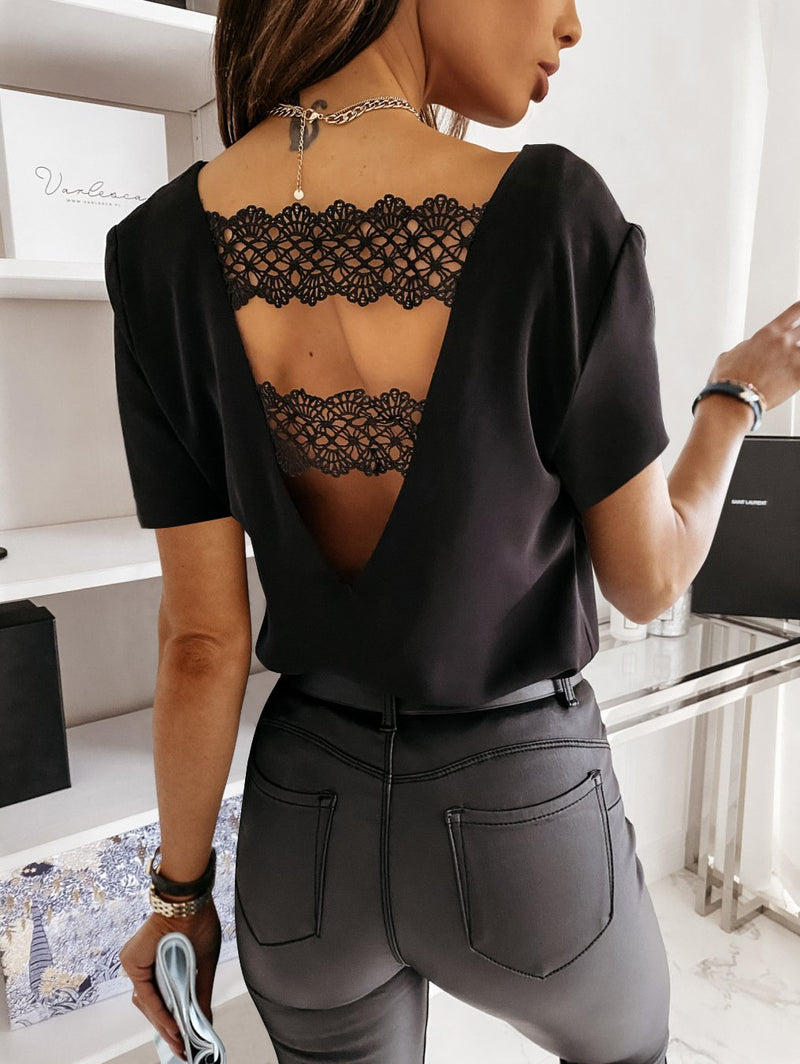 V-neck LACE SHORT SLEEVE TOP