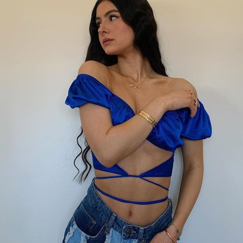 V-neck corded bubble sleeve T-shirt