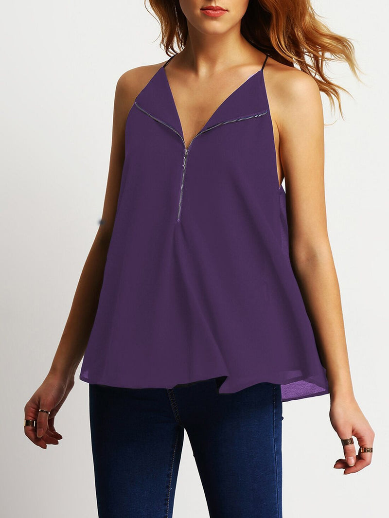 Zipper Spaghetti Strap Chiffon Casual Falbala Sleeveless Blouse