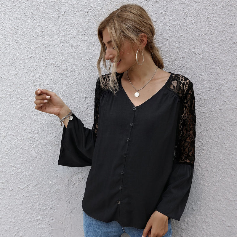 V-neck Lace Long Sleeve Top