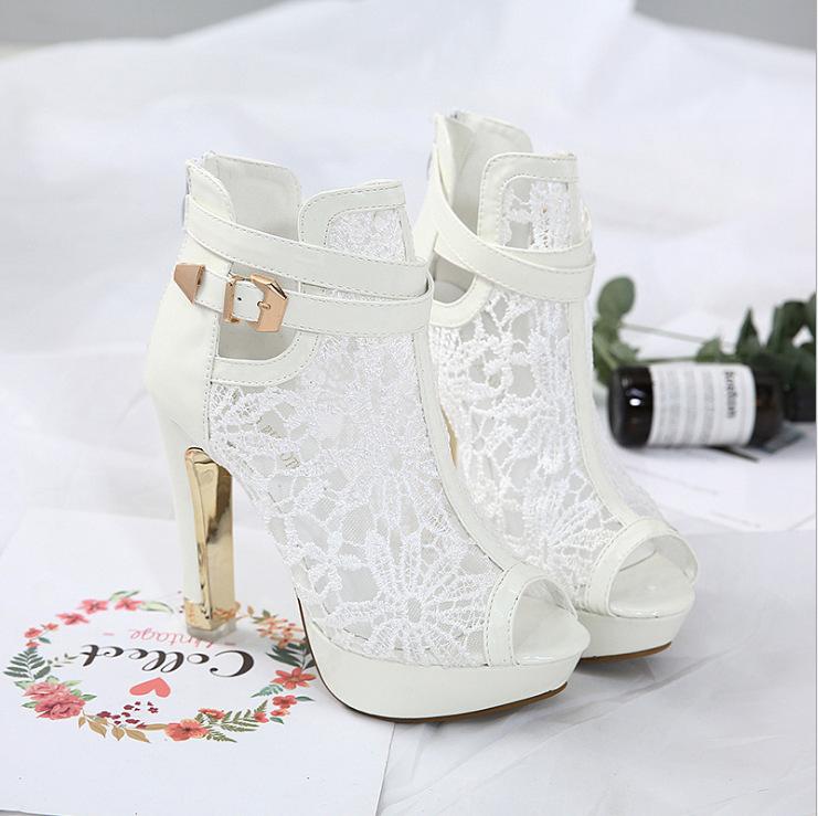 Peep-Toe Lace Mesh High Heel Sandals