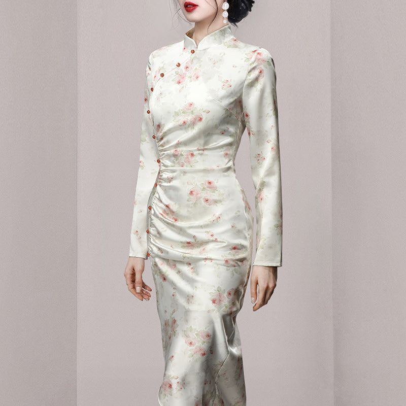 Chinese-Inspired Stand Collar Qipao-Style Printed Dress