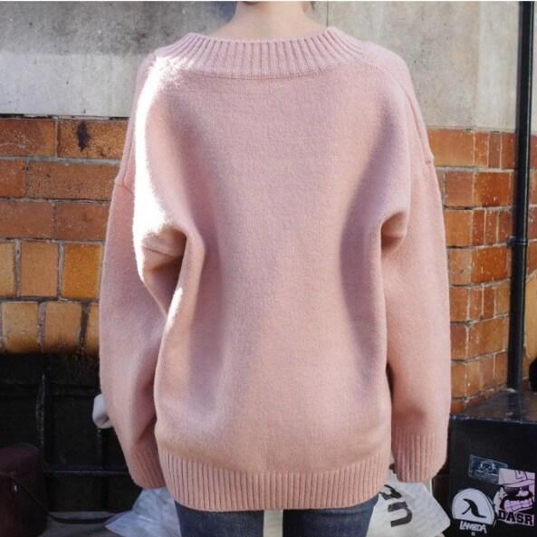 Long Sleeves Pure Color V-Neck Loose Sweater