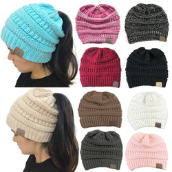 Women's Winter Outdoor Warm Wool Hat Empty Top Horsetail Knitted Hat