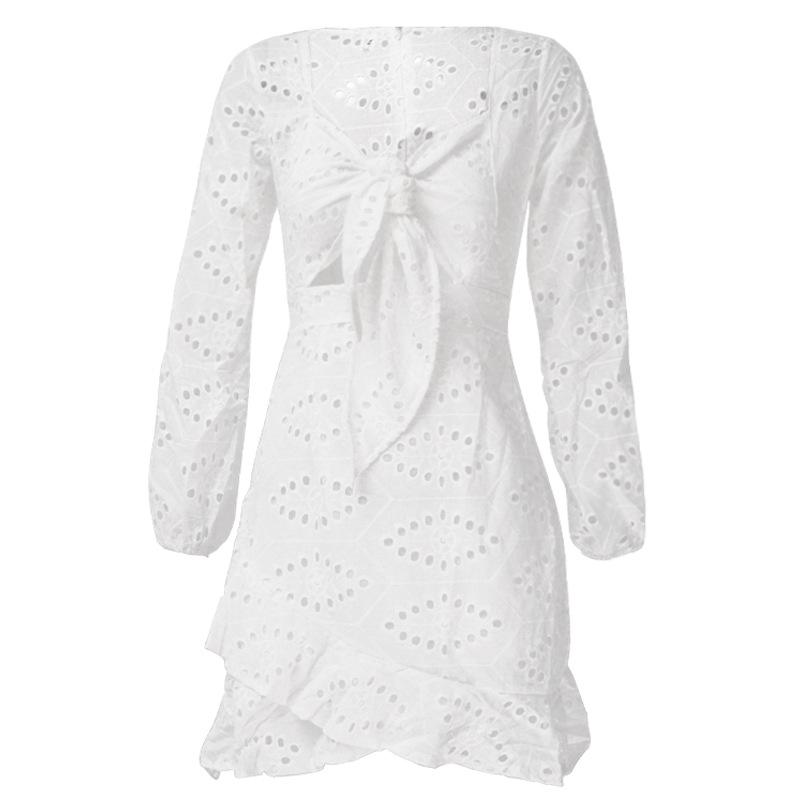 White Hollow Embroidered Slim Dress