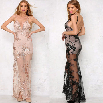 Sexy Backless Sequins Spaghetti Strap Long Dress