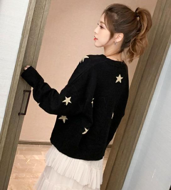 Star Print Knit Cardigan Embroidery Loose V-neck Sweater