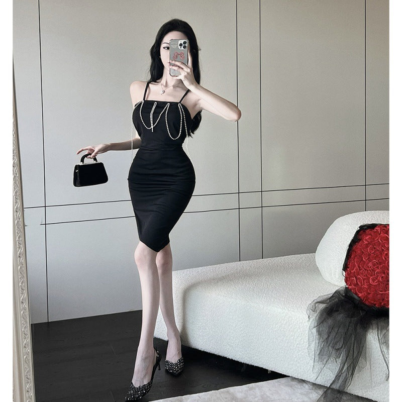 Shoulder Straps and Pearl Bodycon One-Step Dress