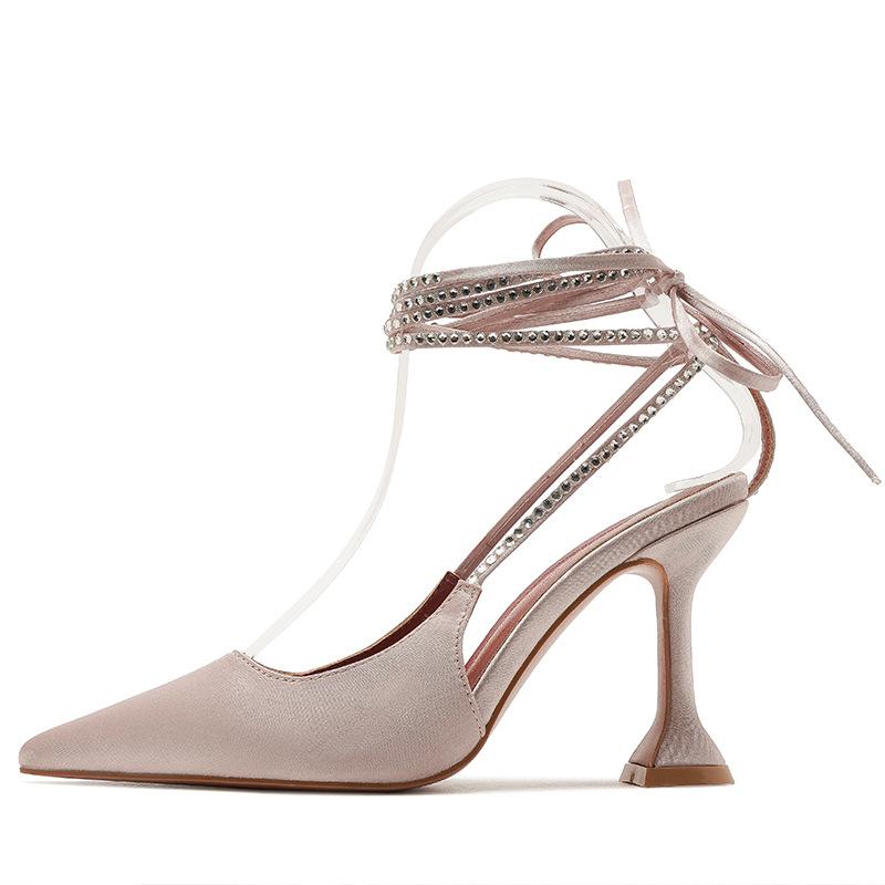 Pointed Ankle Trip Band Satin Wine Cup Heel Sandals