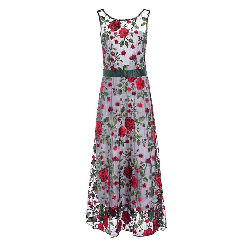 Embroidery Flowers Backless Pleated Long Prom Party Dress