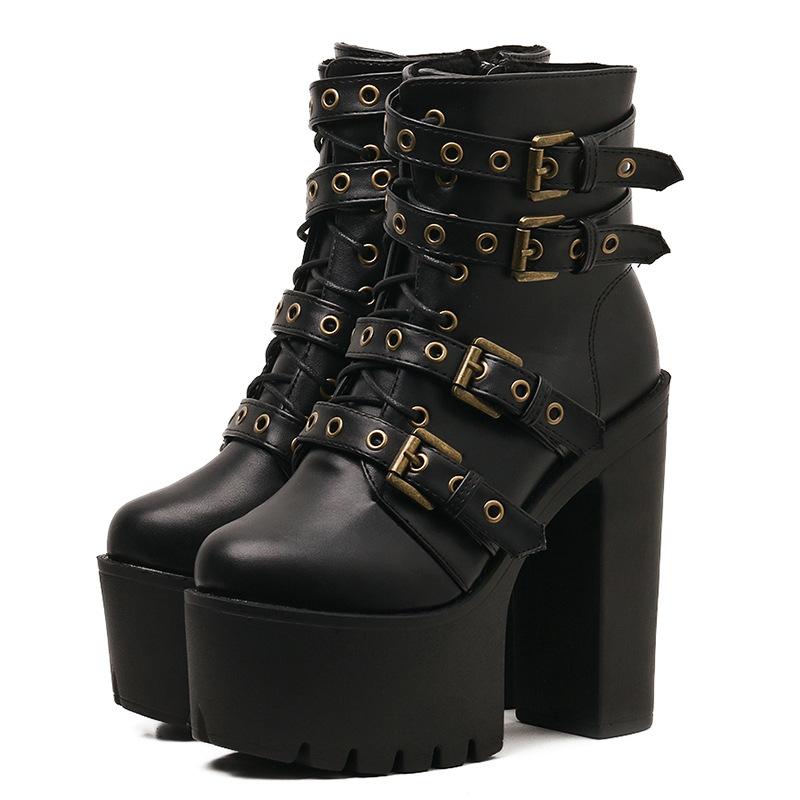 Nightclub Thick Bottom High Heel Waterproof Platform Belt Buckle Martin Boots