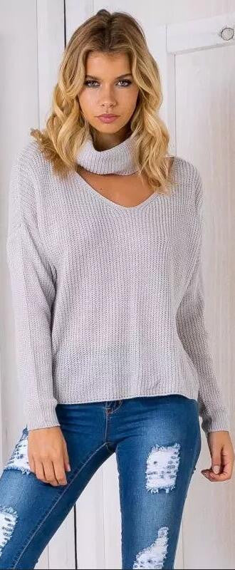 Fashion High Neck Hollow Out Pullover Knitting Sweater
