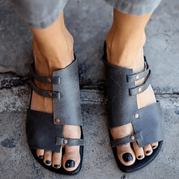 Flat Leather Cutout Slide Open Toe Sandals