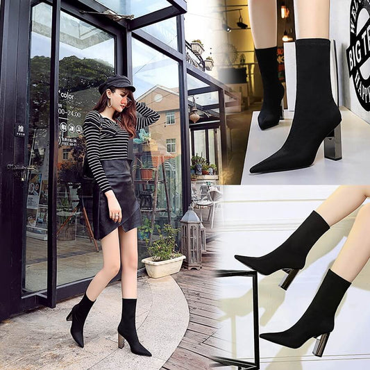 Sexy Black Point Toe Wool High Chunky Heel Calf Boots