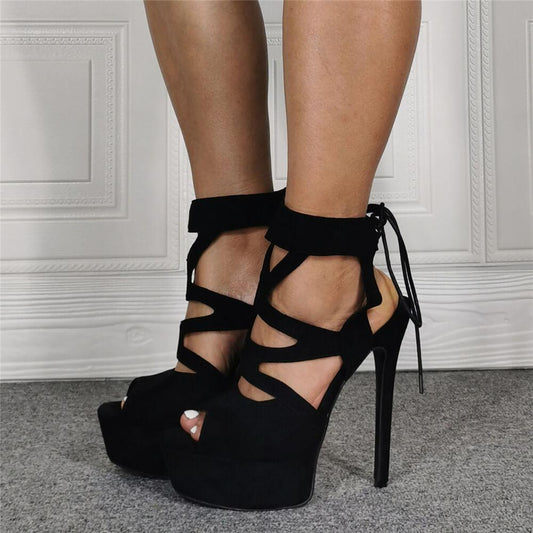 Black Suede Cutout Peep Toe Platform High Heel Sandals