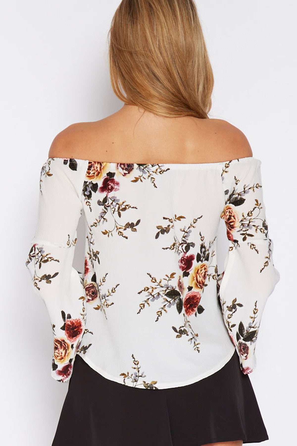 Off Shoulder Flower Print Trumpet Sleeves Blouse