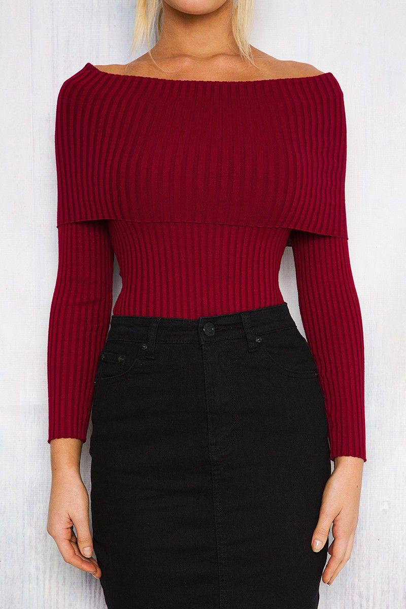 Long Sleeves Pure Color Off Shoulder Slim Sweater