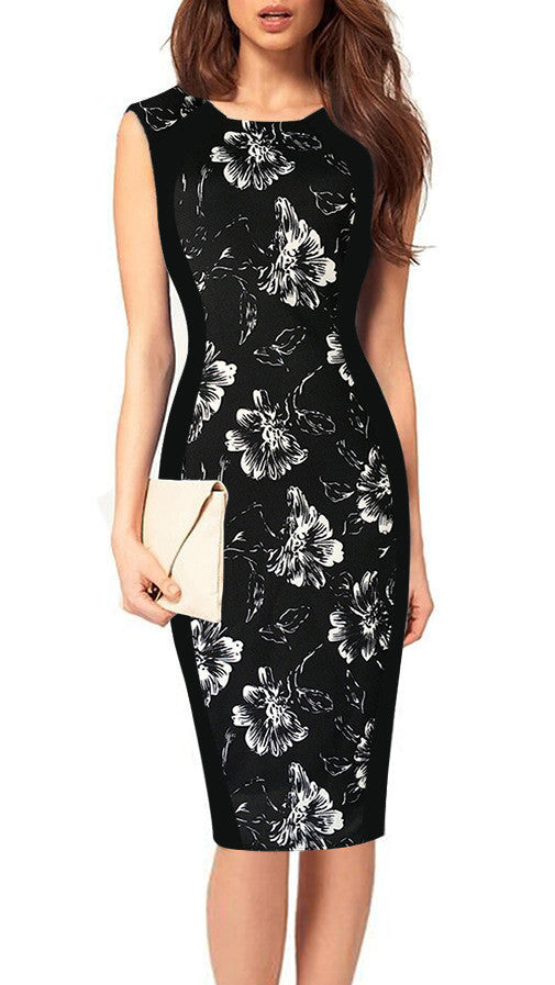 Print Sleeveless Bodycon Scoop Knee-length Dress