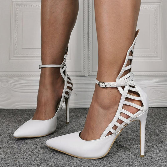 Sexy White PU Point Toe Cutout High Heels
