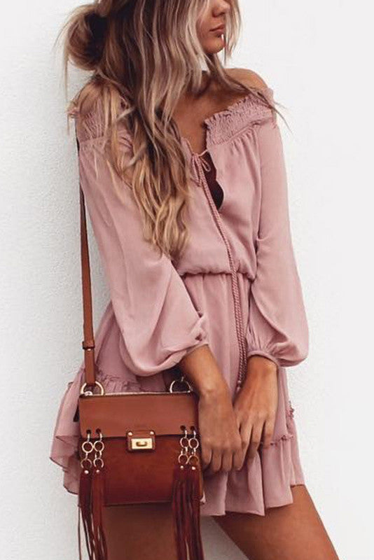 Off Shoulder Chiffon Straps Ruffles Long Sleeves Short Dress