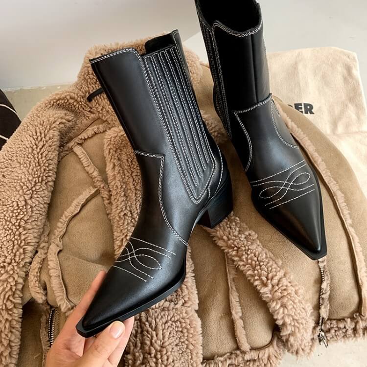Leather Chunky Heel Point Toe Calf Boots