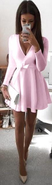 Sexy Deep V Neck Bowknot Long Sleeve Short Dress
