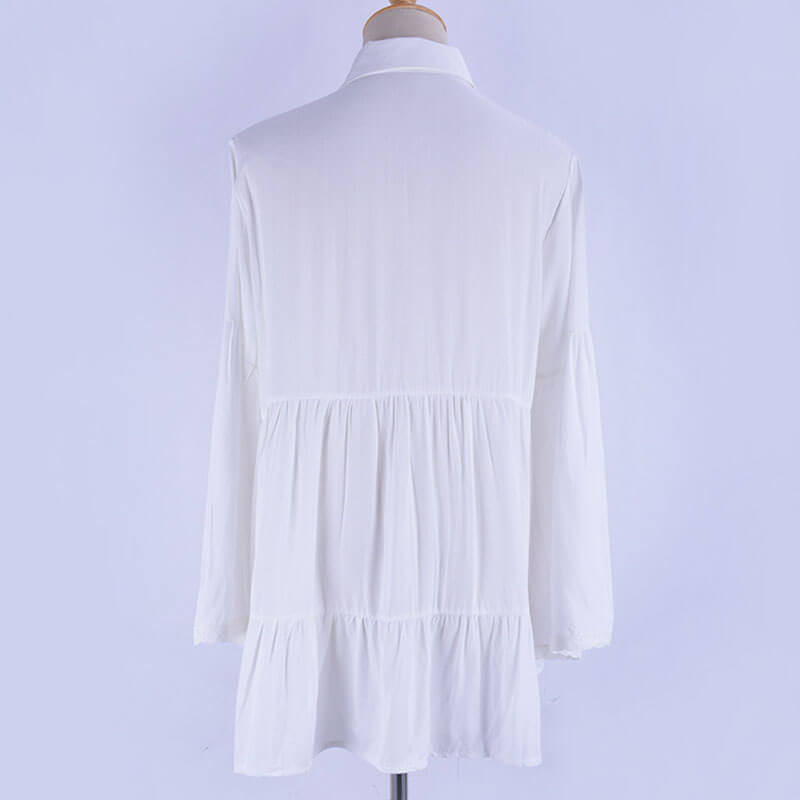 White Hollow Out Short Shirt Dress