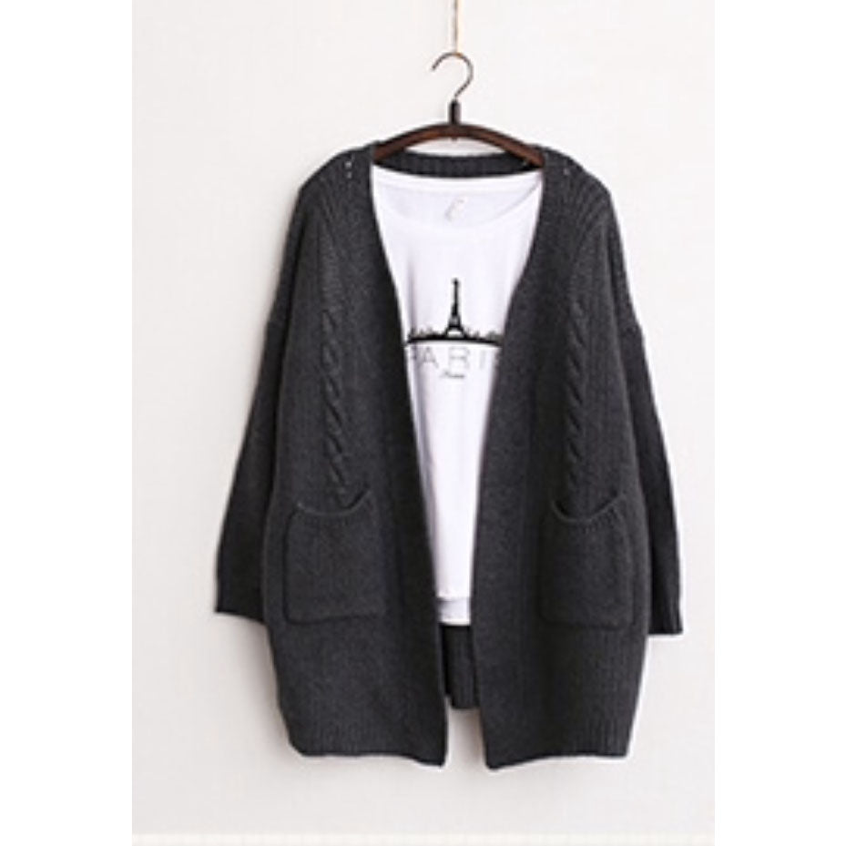V-neck Knit Cable Pockets Pure Color Long Cardigan