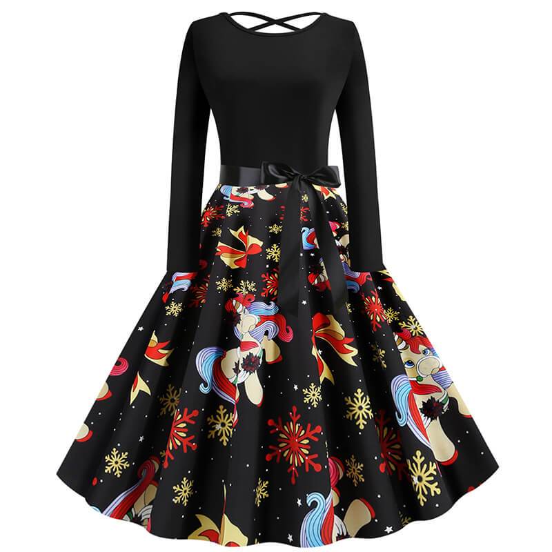 Christmas Print Crossed Back A Line Dress