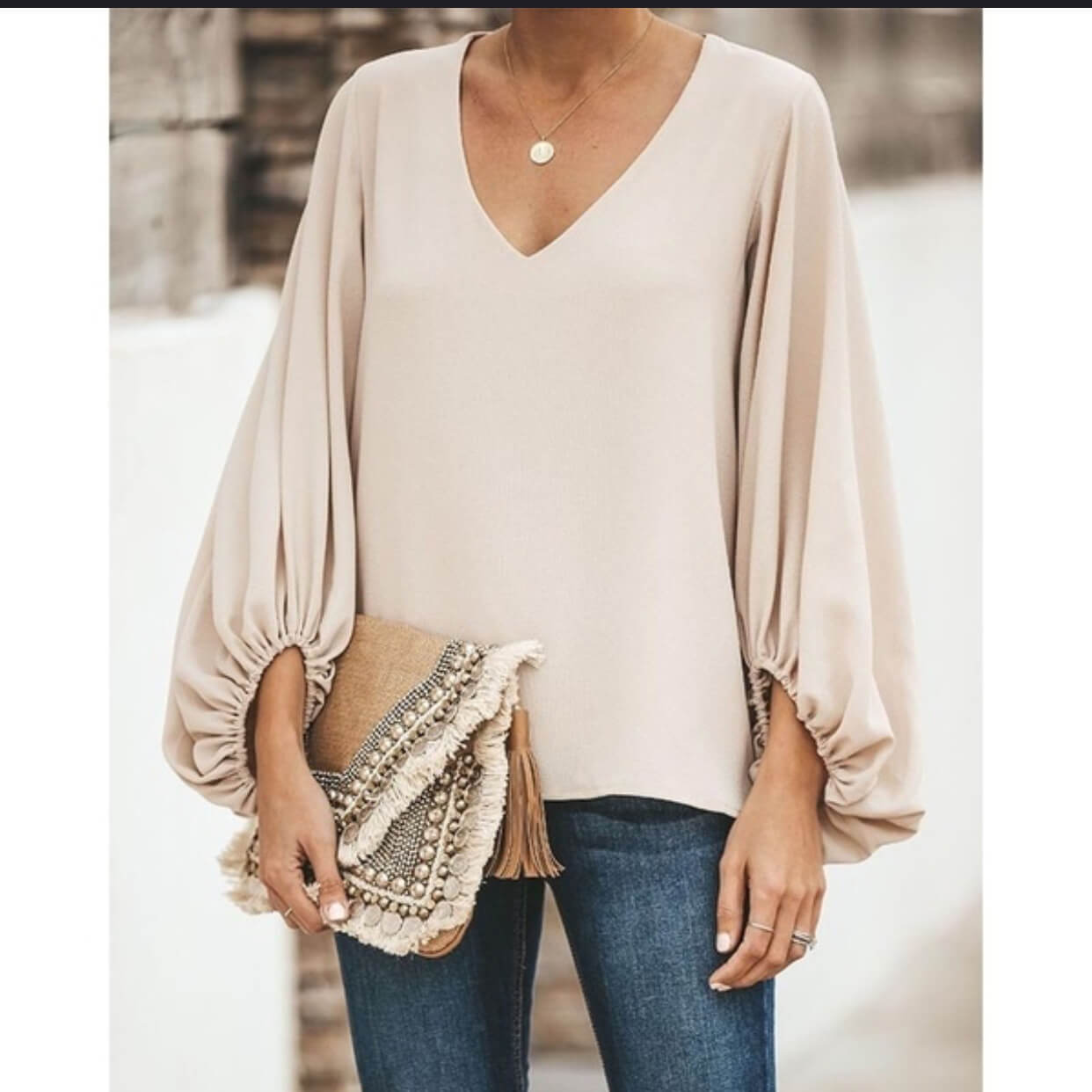 V-neck Loose Long Lantern Sleeves Blouse