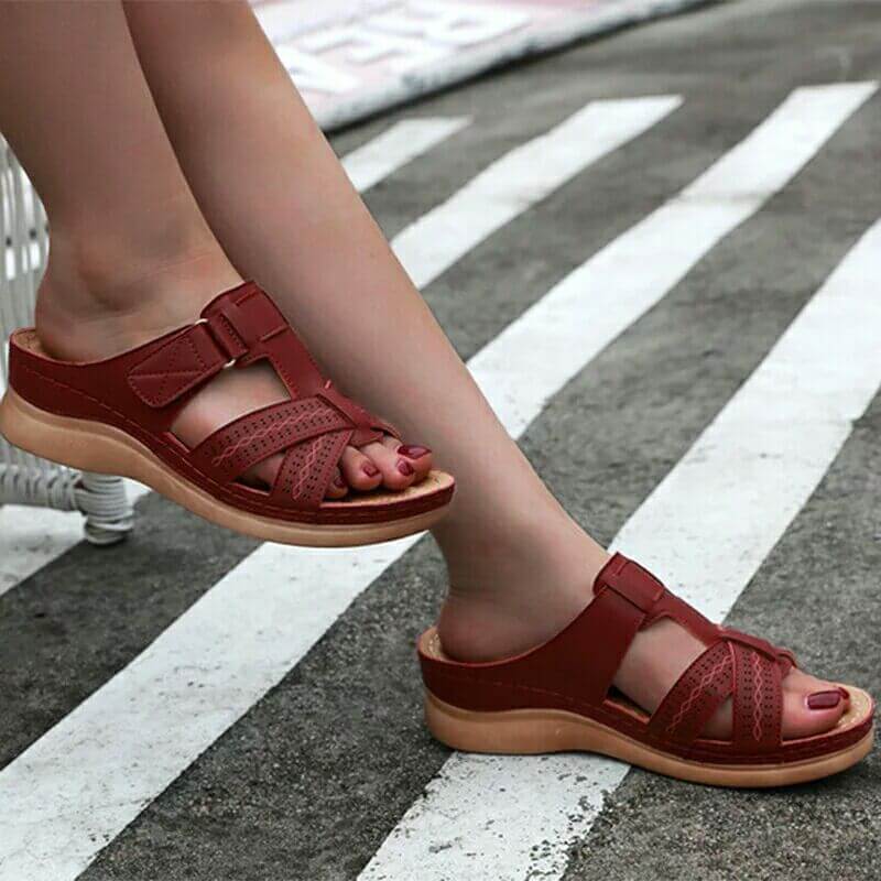Summer Open Toe Flat Leather Buckle Slide Sandals