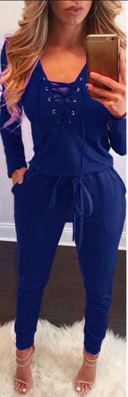 Long Sleeve Lace Up Deep V-neck Draw String Waist Long Jumpsuit