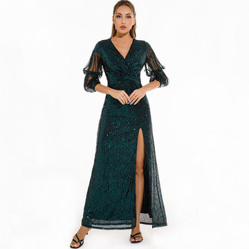 Long Sexy Vintage Green Sequin Dress