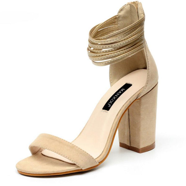 Back Zipper Ankle Wrap Open Toe Chunky High Heels Sandals
