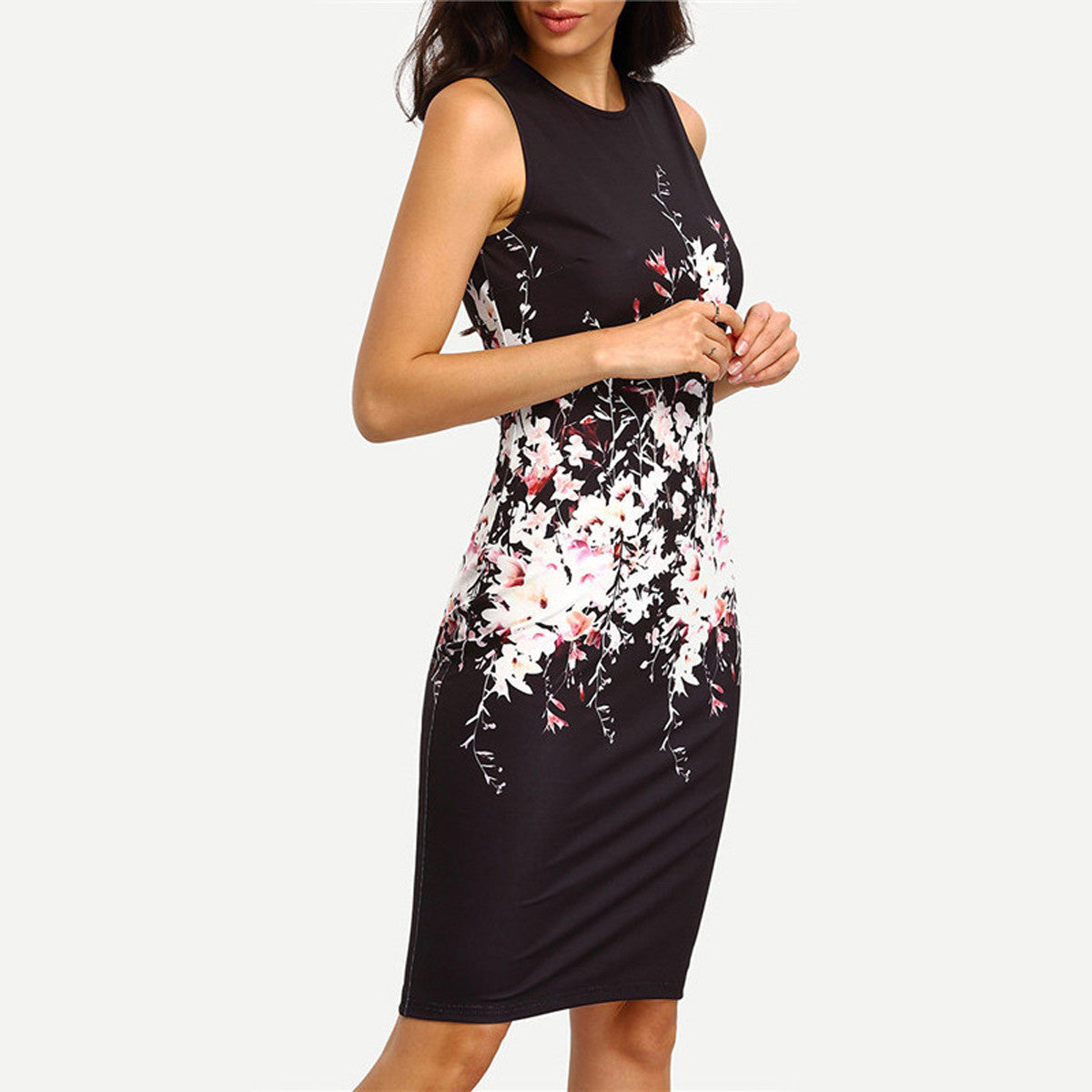 Sleeveless-Print-Color-Scoop-Knee-length-Dress