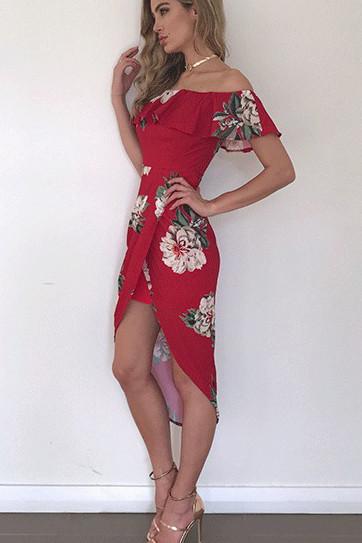 Floral Print Ruffle Off Shoulder Boat Neckline Irregular Short Dress