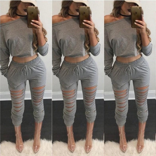 One Shoulder Crop Top with Skinny Hole Pants Two Pieces Set