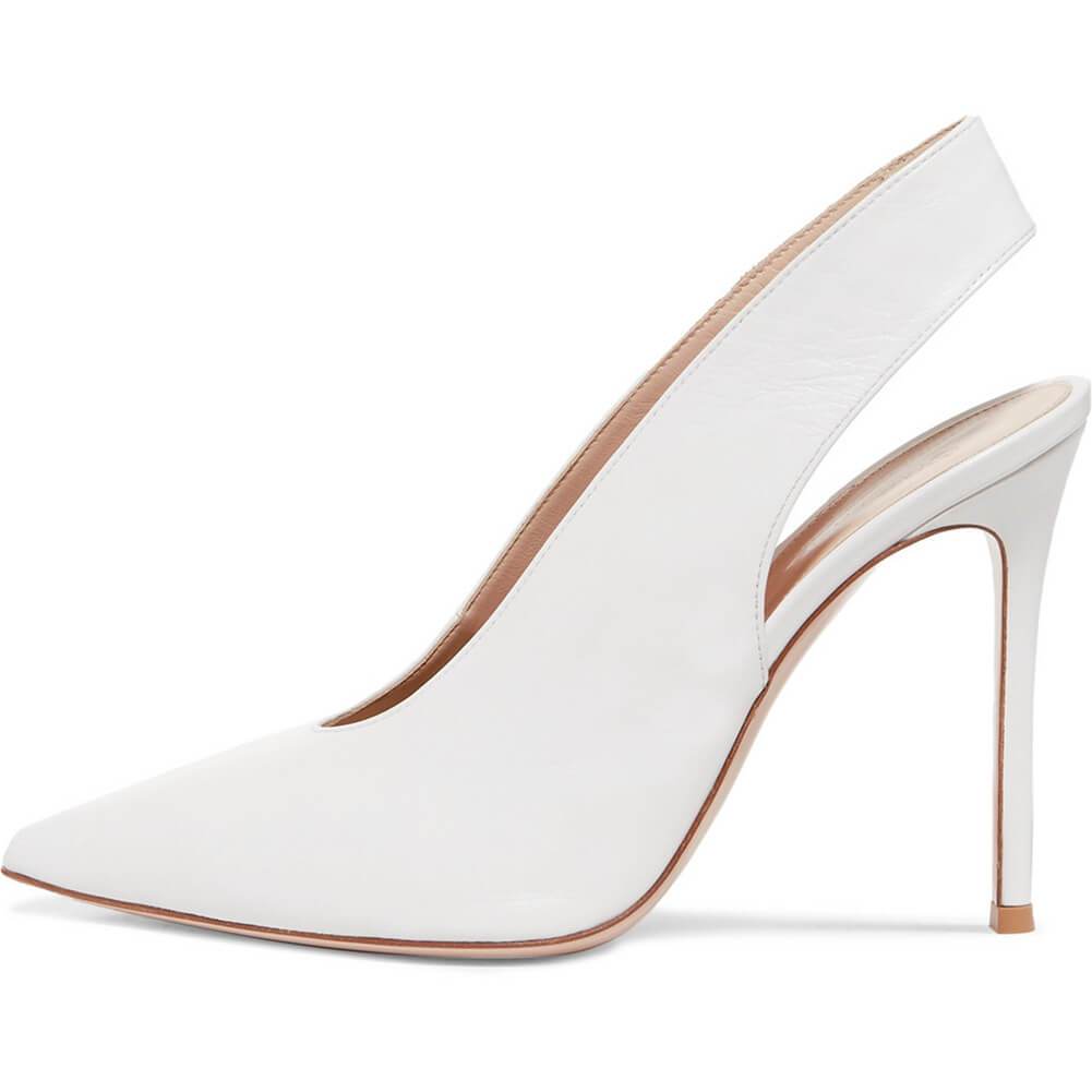 Summer White Cutout Pointed Toe Leather Pumps