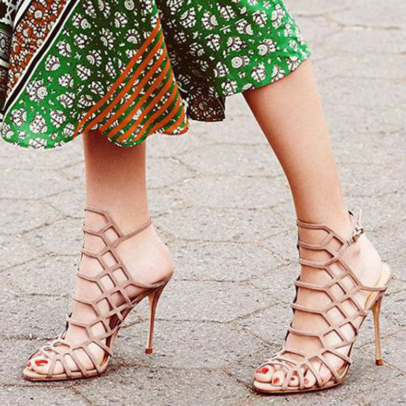 Leather Cutout Buckle High Heel Sandals