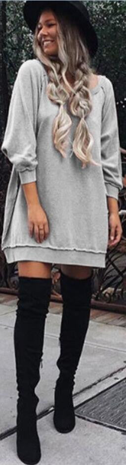 Fashion Loose Style Pure Color Long Sleeve Short Dress