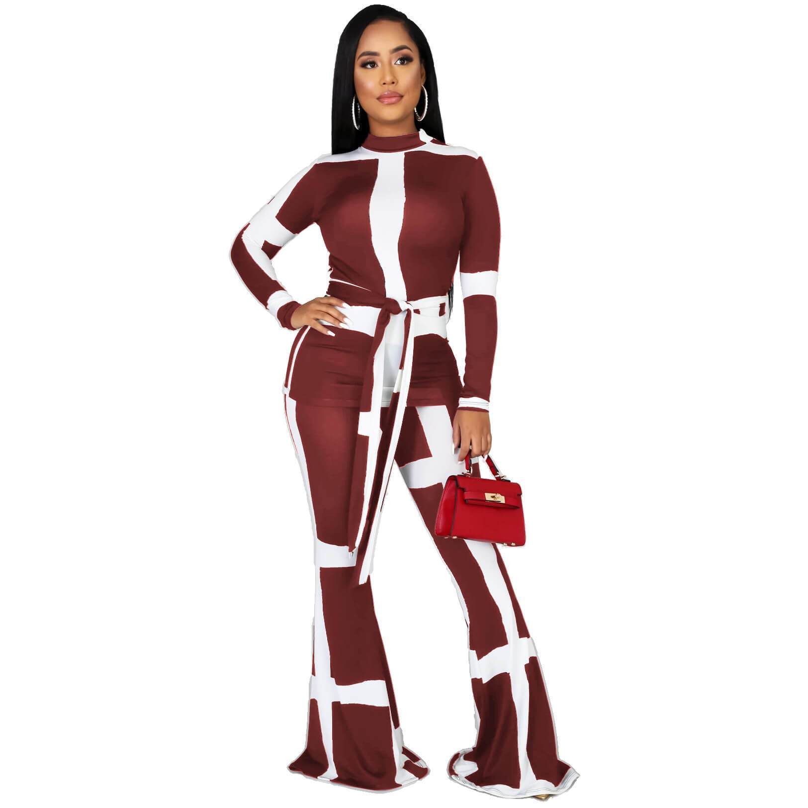 Patchwork Crop Top High Waist Bell Bottom Pants Set