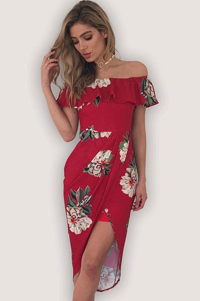 Floral Print Ruffle Off Shoulder Boat Neckline Irregular Short Dress