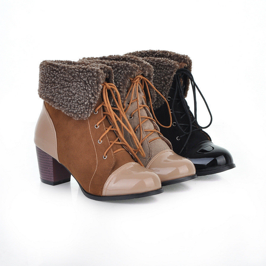 Middle Heeled Patchwork Lace Up Short Boots