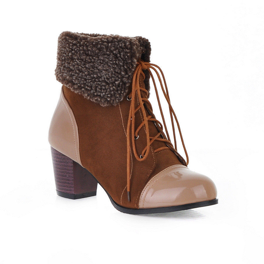 Middle Heeled Patchwork Lace Up Short Boots