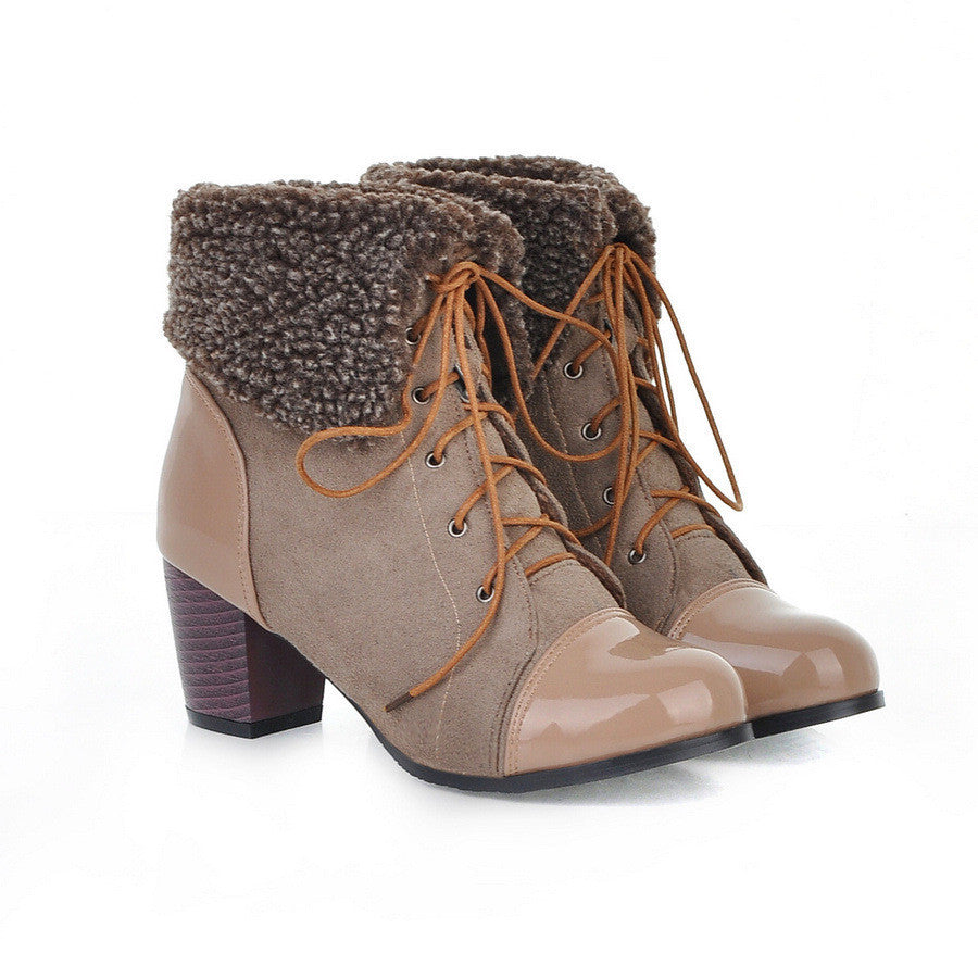 Middle Heeled Patchwork Lace Up Short Boots