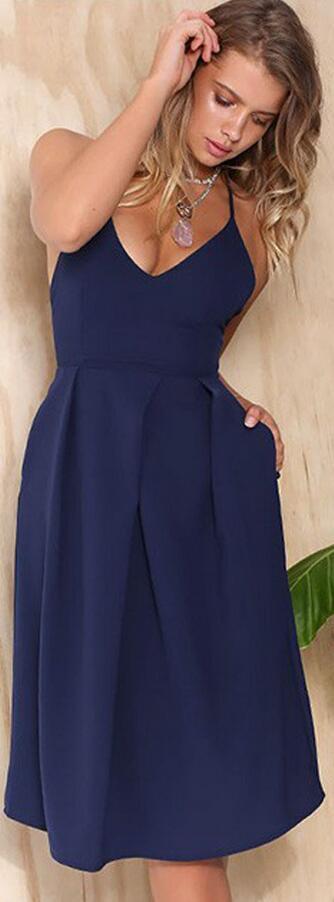 Sexy Pure Color Spaghetti Strap Cross Back A-Line Dress