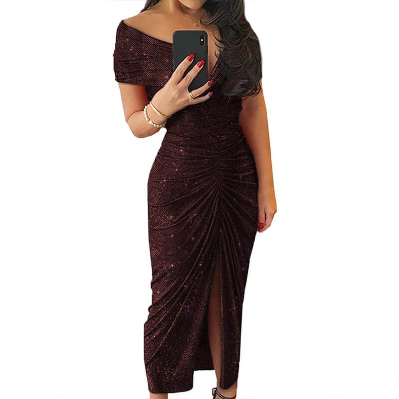 Off Shoulder Sequin Ruched Dress