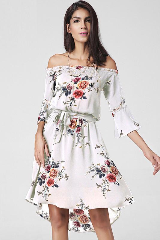 Off Shoulder Trumpet 3/4 Sleeves Irregular Flower Print Short Dress