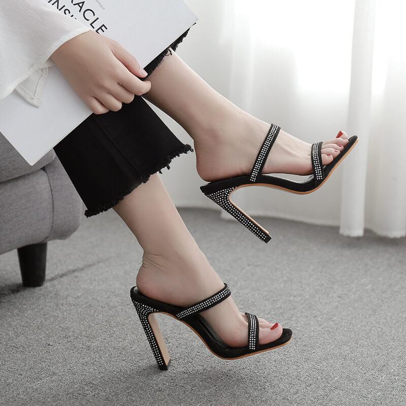 Black Suede High Heel  Square Toes Sandals