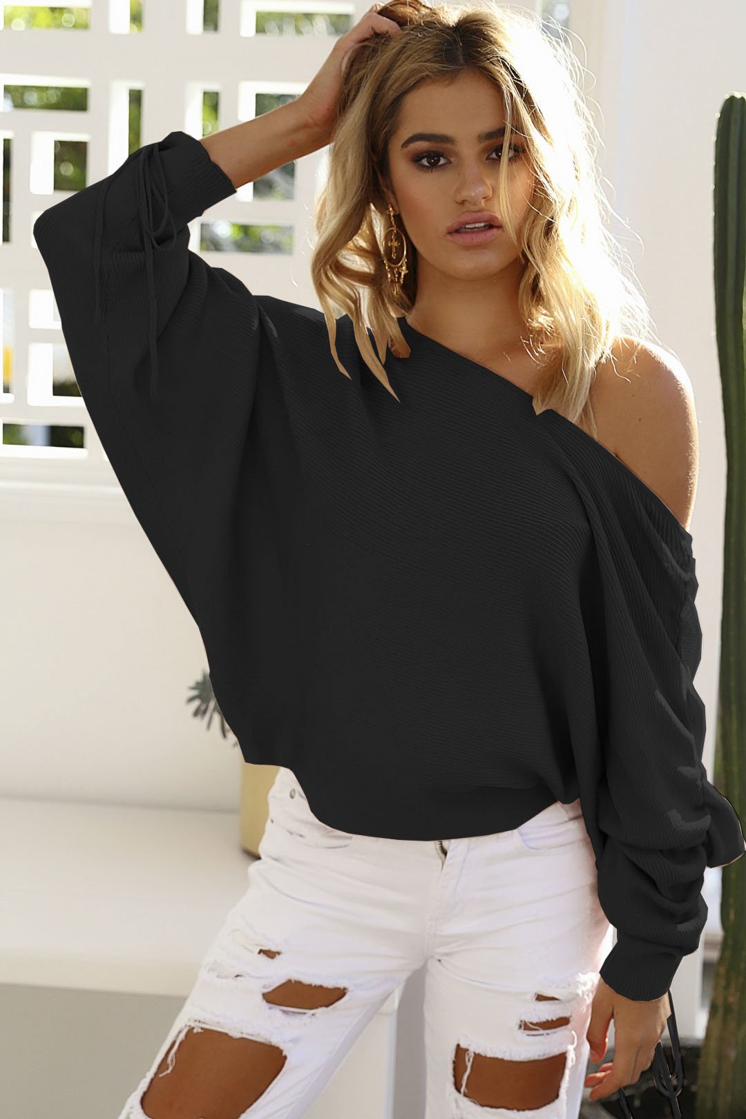 Drawstring Batwing Sleeves Boat Neckline Pure Color Sweater